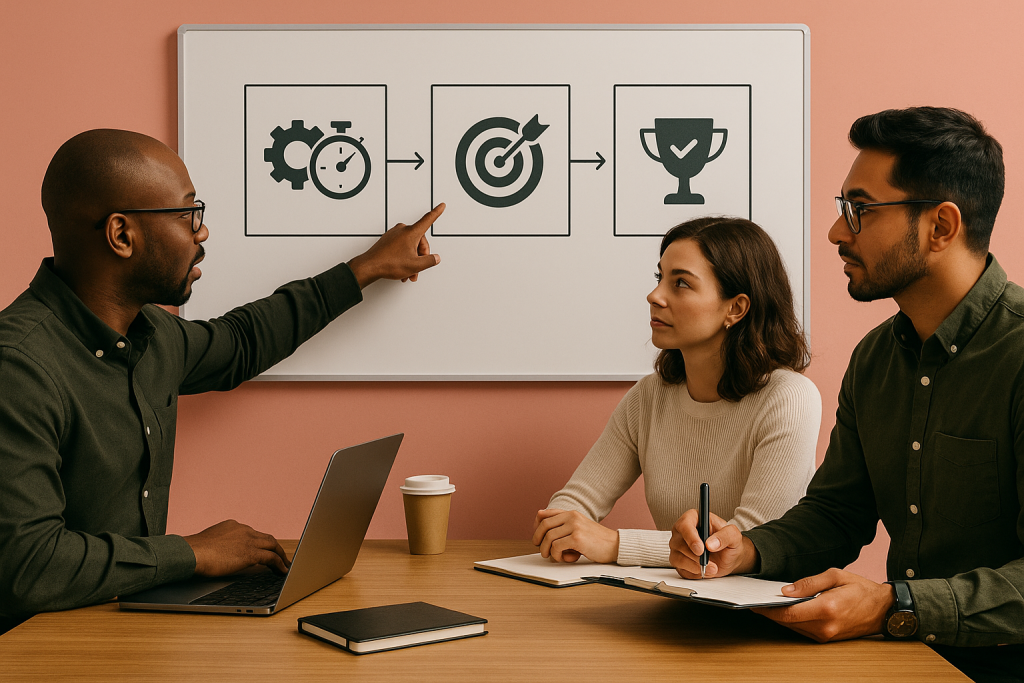 Três profissionais discutem os “três Es” em frente a um quadro com três cartões sequenciais: engrenagem + cronômetro (eficiência), alvo (eficácia) e troféu com check (efetividade). Mesa com notebook, caderno e café.