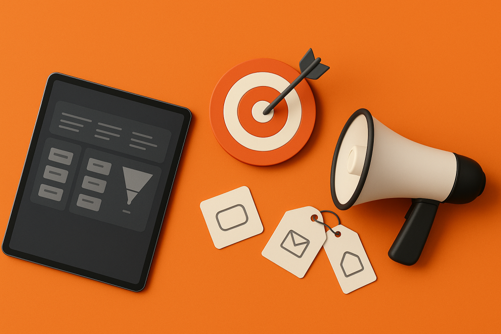 Três elementos principais de marketing: tablet mostrando layout de campanha e funil abstrato sem texto, alvo circular com seta cravada ao centro e megafone moderno. Ao lado, tags e ícones minimalistas, luz suave e sombras realistas.