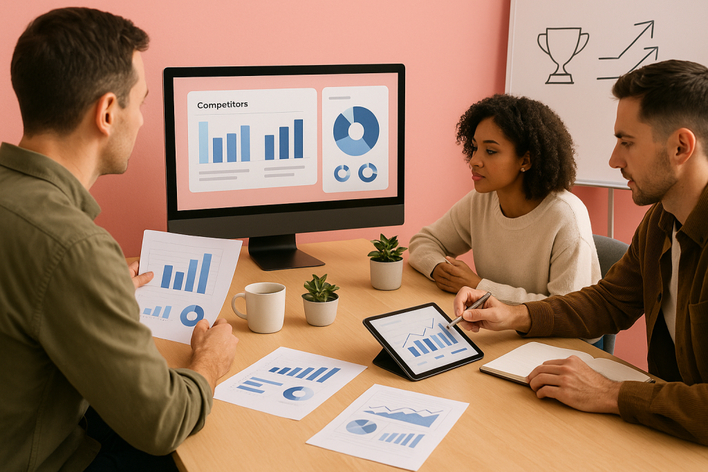 Três profissionais com dispositivos virados para si comparam gráficos e relatórios em mesa de madeira; monitor central exibe blocos de comparação entre empresas, tablet mostra série temporal e folhas impressas trazem indicadores.
