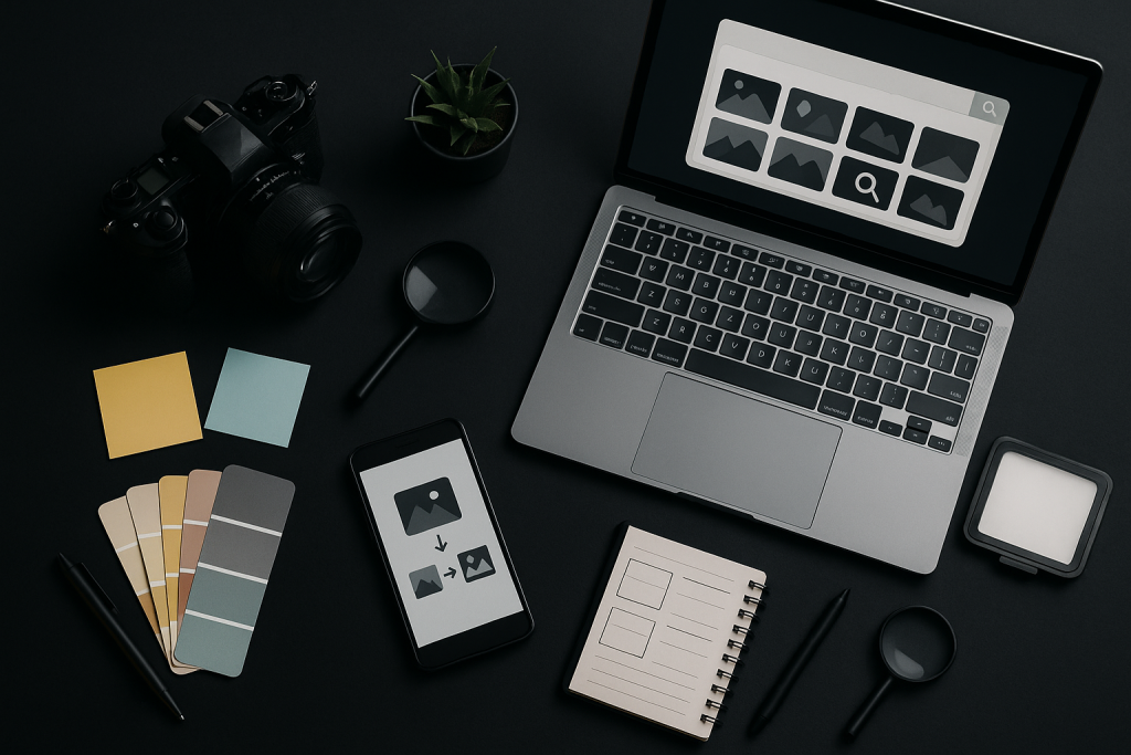 Laptop exibindo grade de miniaturas sem texto, smartphone com fluxo de busca por imagem, lupa, câmera DSLR, amostras de cor, post-its, caderno com quadros, canetas, pequeña luz LED e planta.