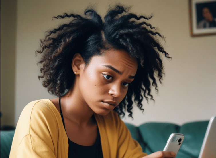 Mulher negra olhando preocupada para o celular pensando no que fazer após descobrir que Meta está usando seus dados