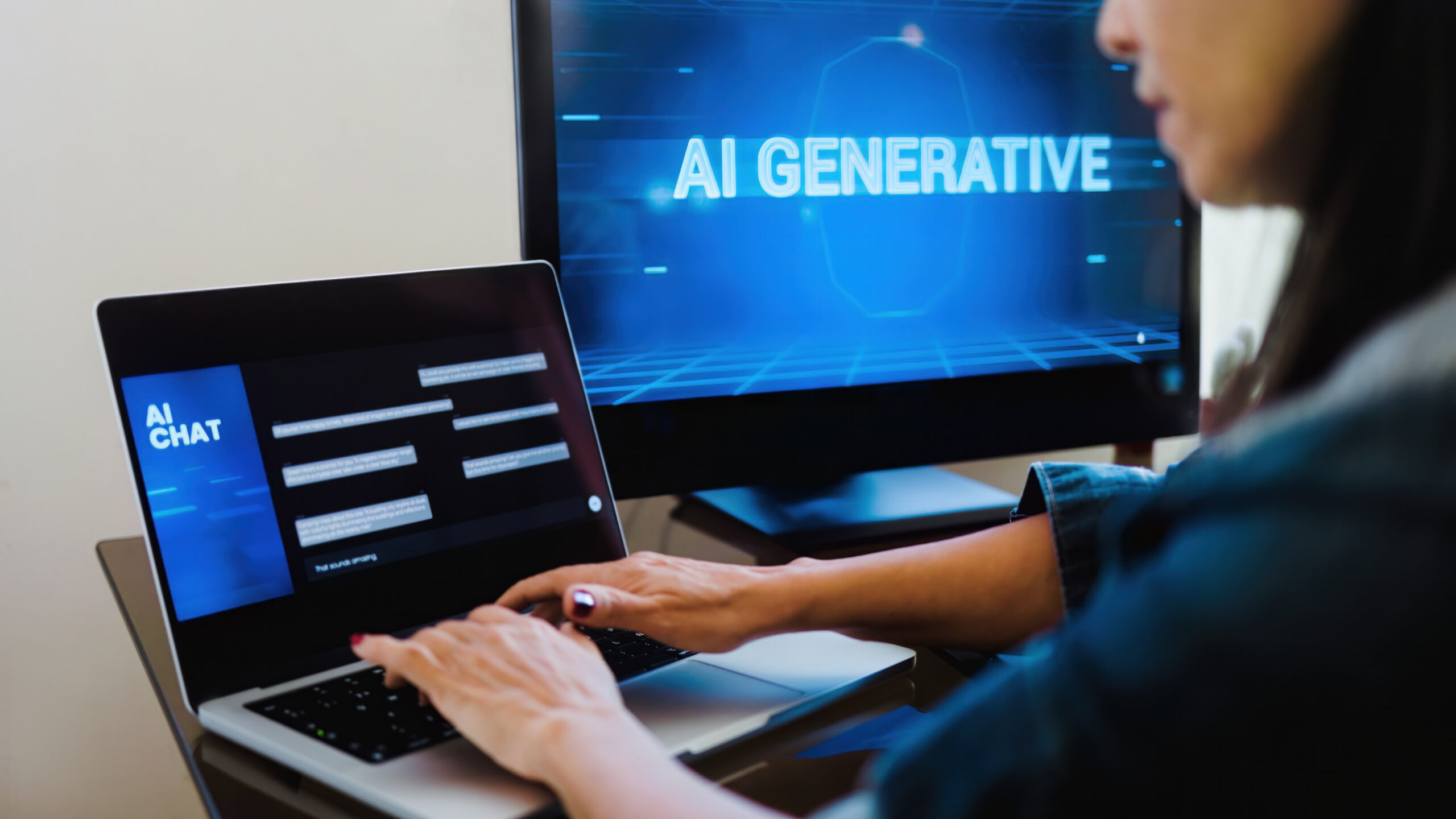Aplicativo generativo de IA. Mulher conversando com o software de Inteligência Artificial no laptop do computador. Tendências tecnológicas