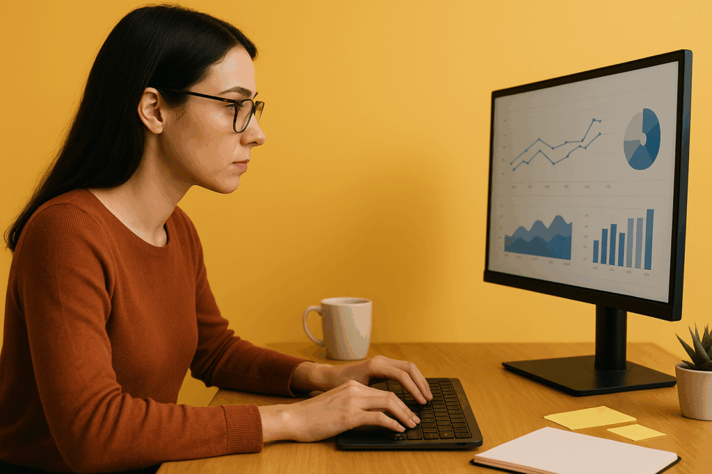 Mulher com óculos olha diretamente para o monitor do computador enquanto digita, em mesa com caneca, caderno e post-its. Fundo amarelo sólido, clima de pesquisa e análise de conteúdo.