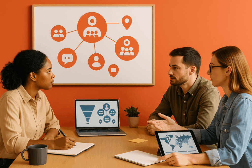 Três profissionais de marketing analisam personas e segmentos: quadro com ícones de público, chat e pins, laptop com funil de conversão e tablet com mapa de calor.