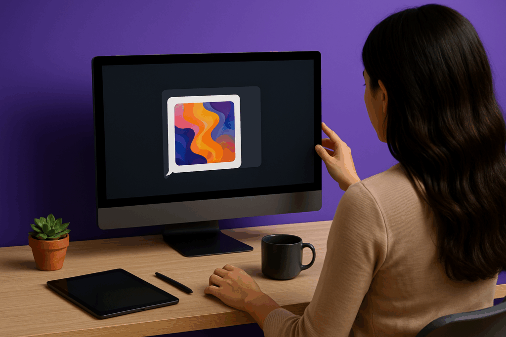 Mulher vista de costas trabalhando em um computador de mesa que exibe uma bolha de chat com arte abstrata gerada por IA; sobre a mesa de madeira estão um tablet, uma caneca de café e um pequeno vaso de suculenta, com fundo roxo.