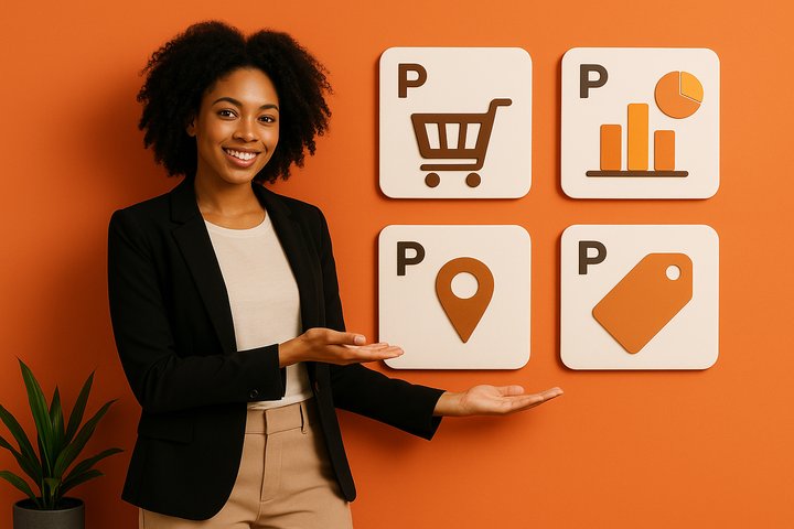 Mulher sorridente com blazer preto apresenta quatro ícones em fundo laranja que representam os 4 Ps do marketing: produto, preço, praça e promoção.