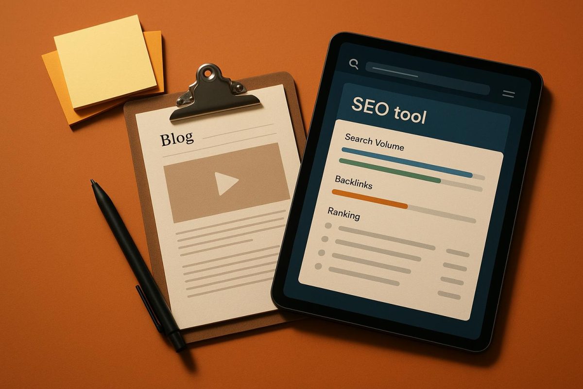 tablet e clipboard com conteúdo relacionado a SEO e vídeo