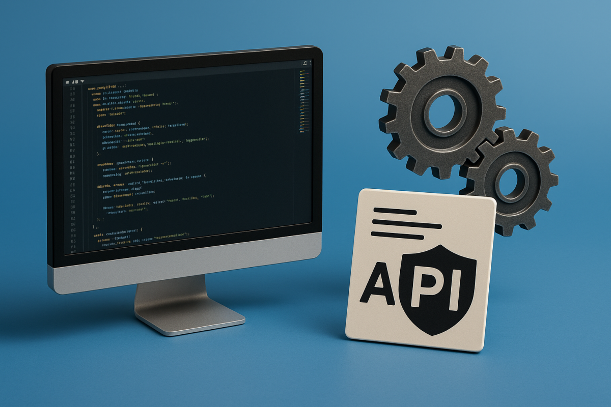Computador com código e ícone de API ao lado de engrenagens