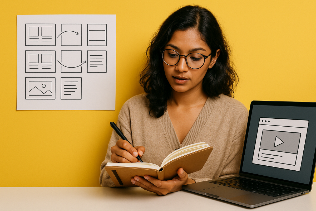 pessoa escrevendo em um caderno com um laptop ao lado