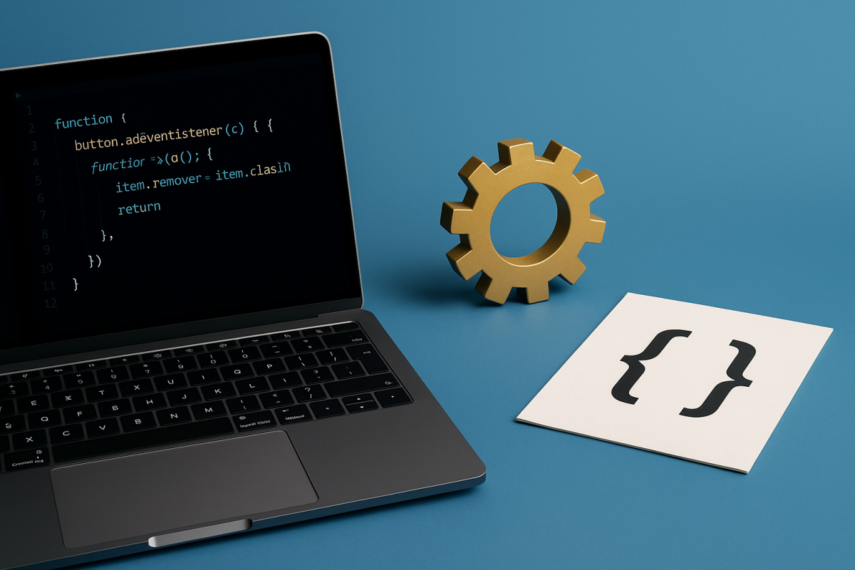 Laptop com código em uma tela e engrenagem decorativa ao lado.