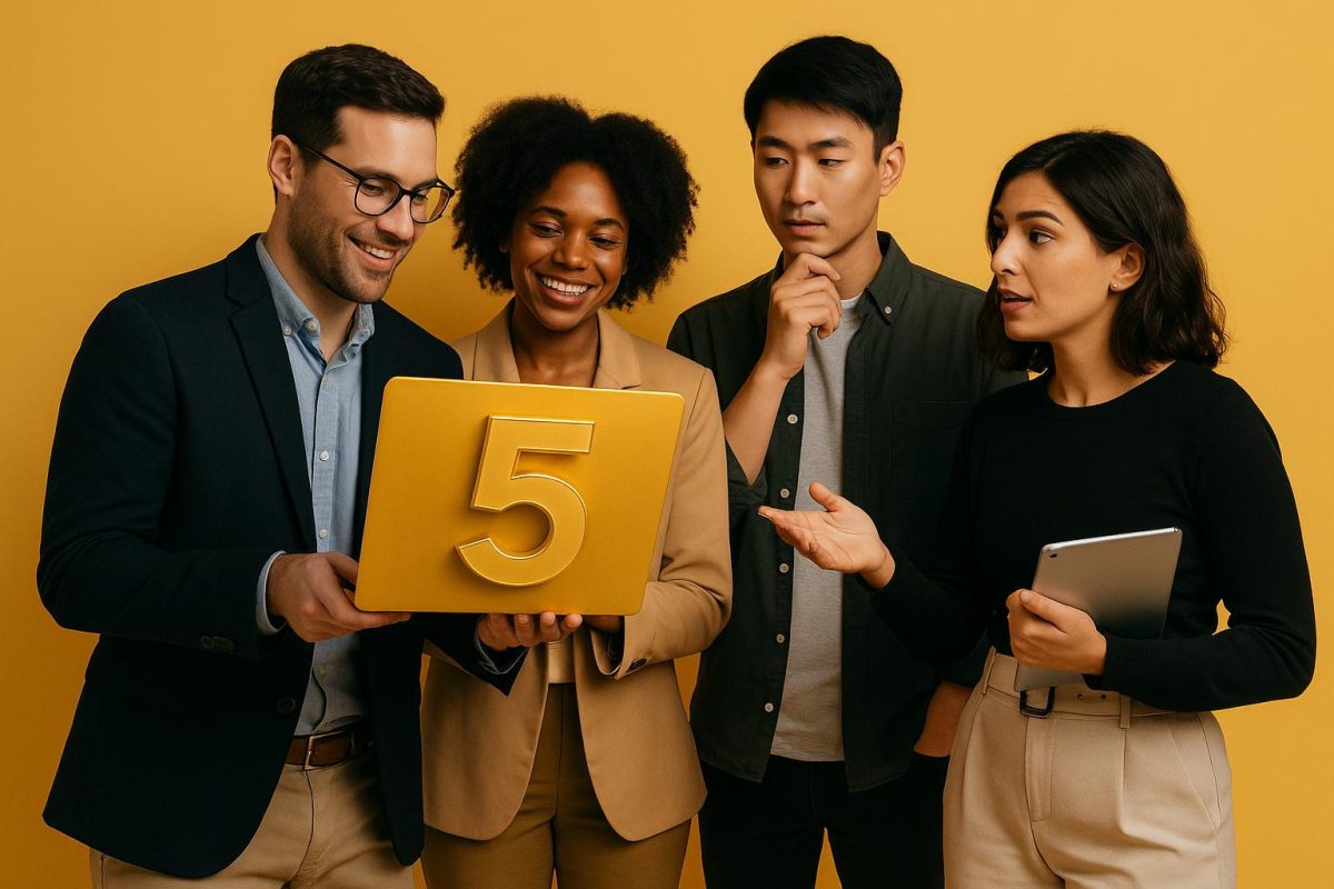 quatro pessoas analisando um tablet com número 5 em destaque