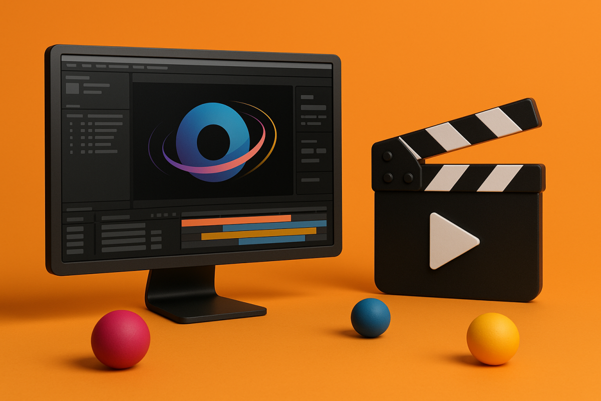 Computador e claquete com bolas coloridas em fundo laranja.