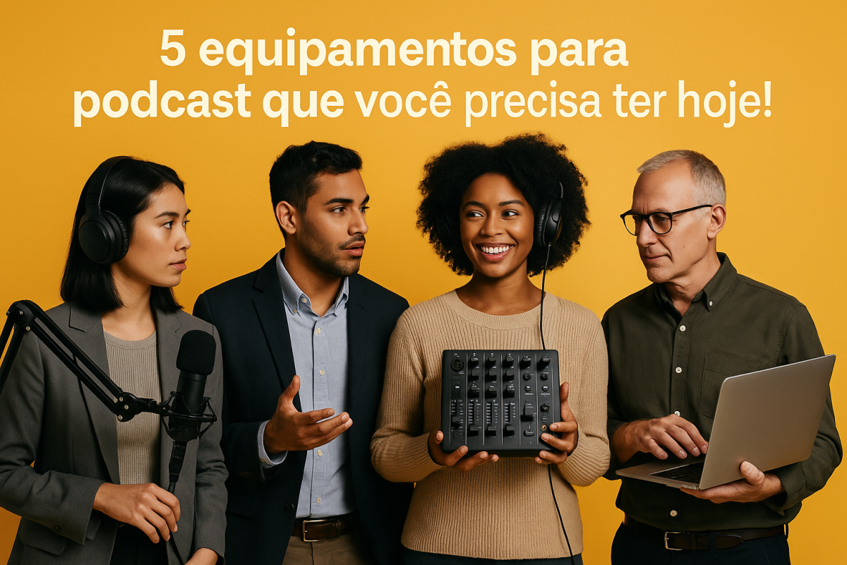 quatro pessoas discutindo sobre equipamentos para podcast