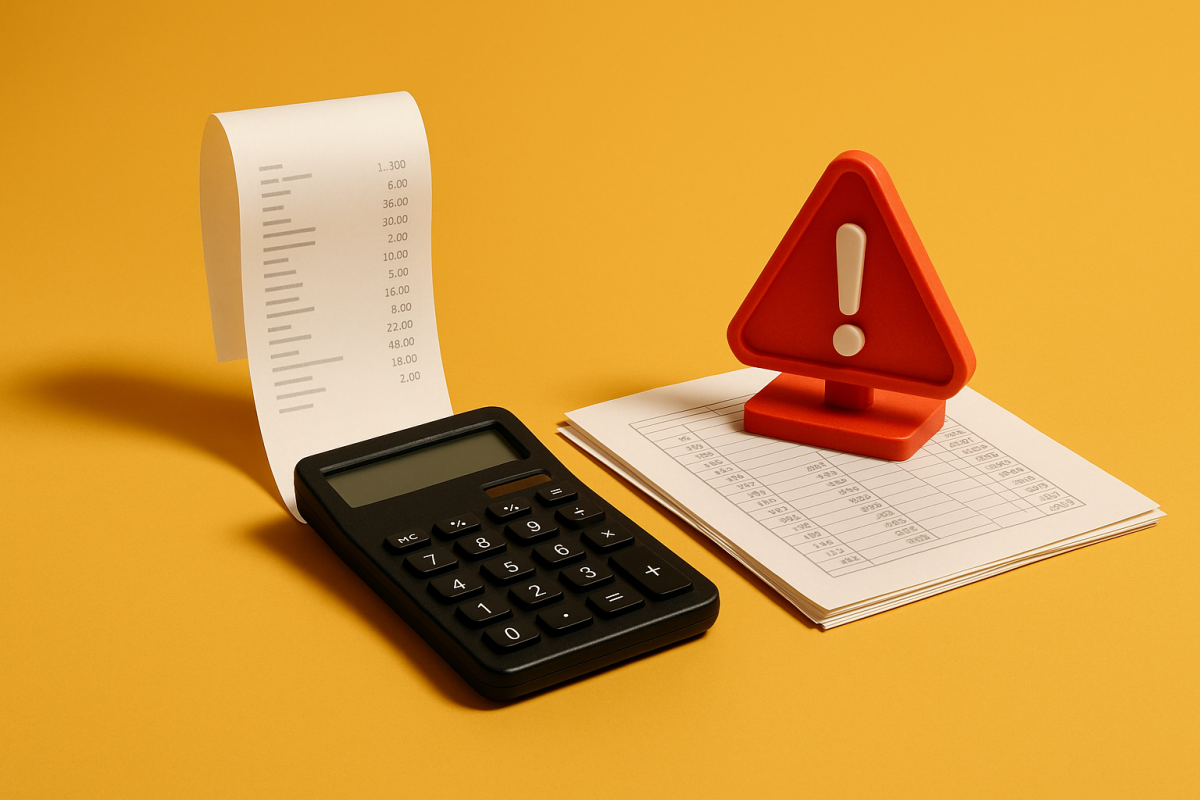 calculadora e aviso de alerta em fundo amarelo