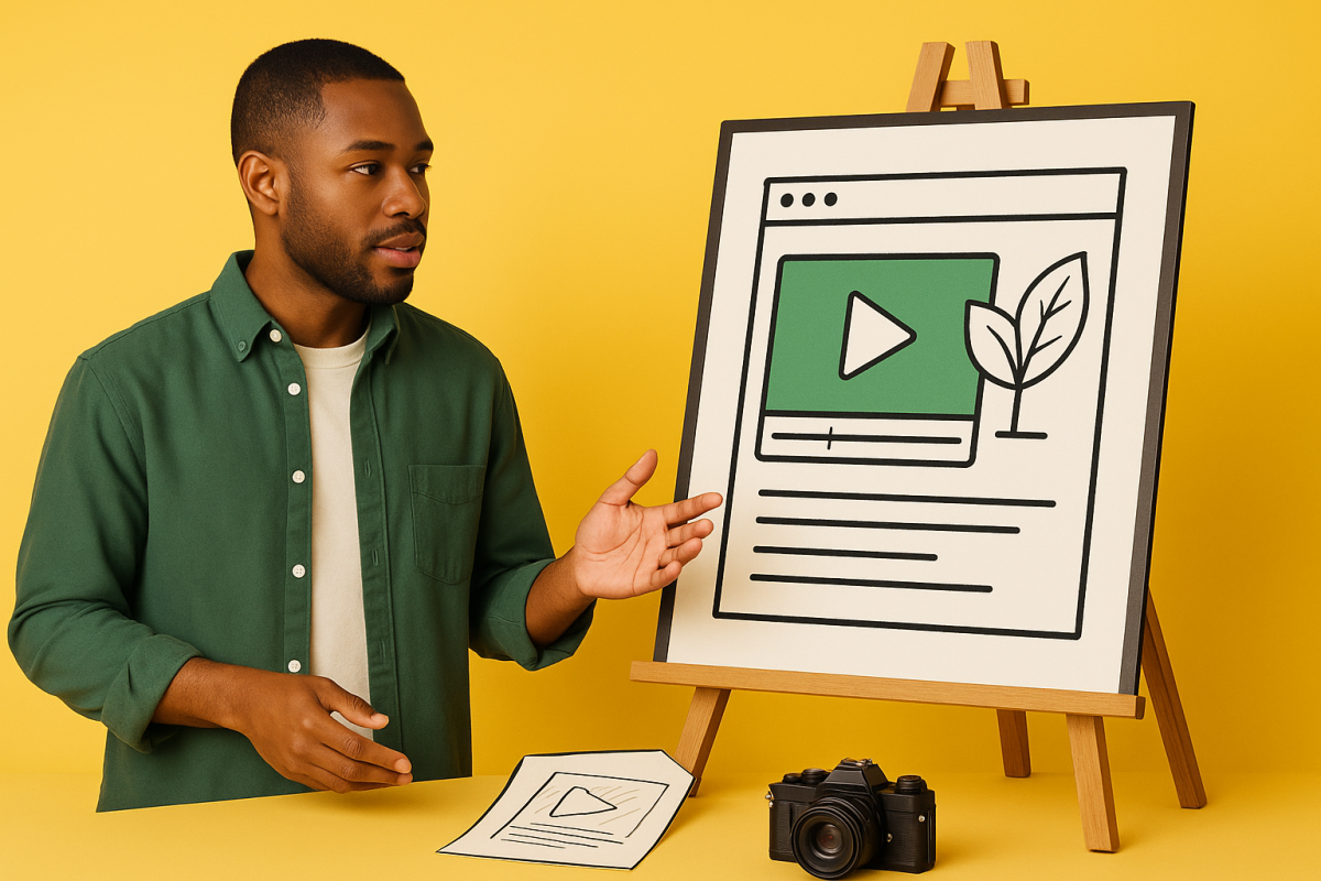 Homem apresentando uma ilustração de vídeo em um quadro.