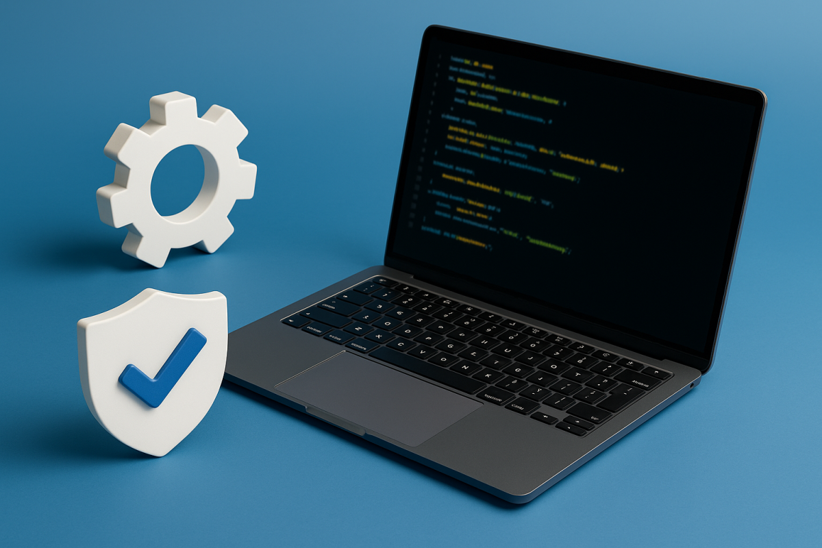 Laptop com código e ícones de segurança e configuração