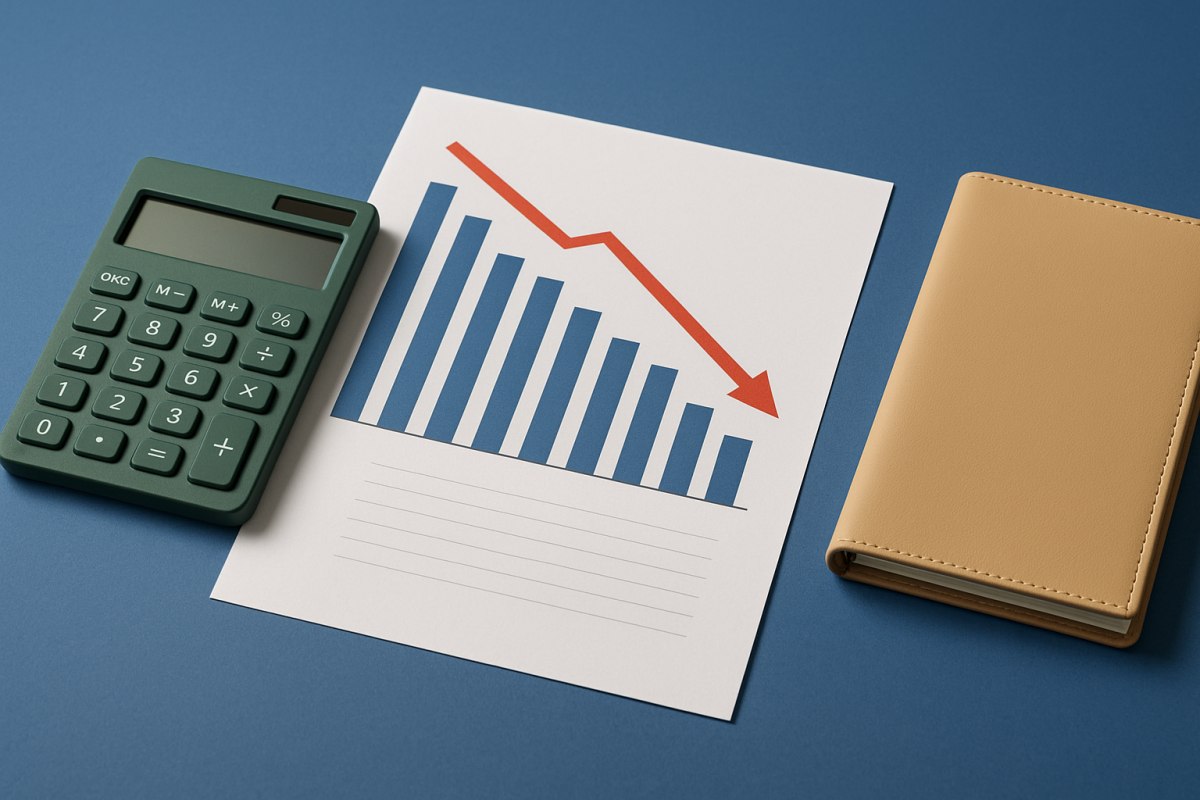 calculadora e gráfico em papel com queda nas finanças