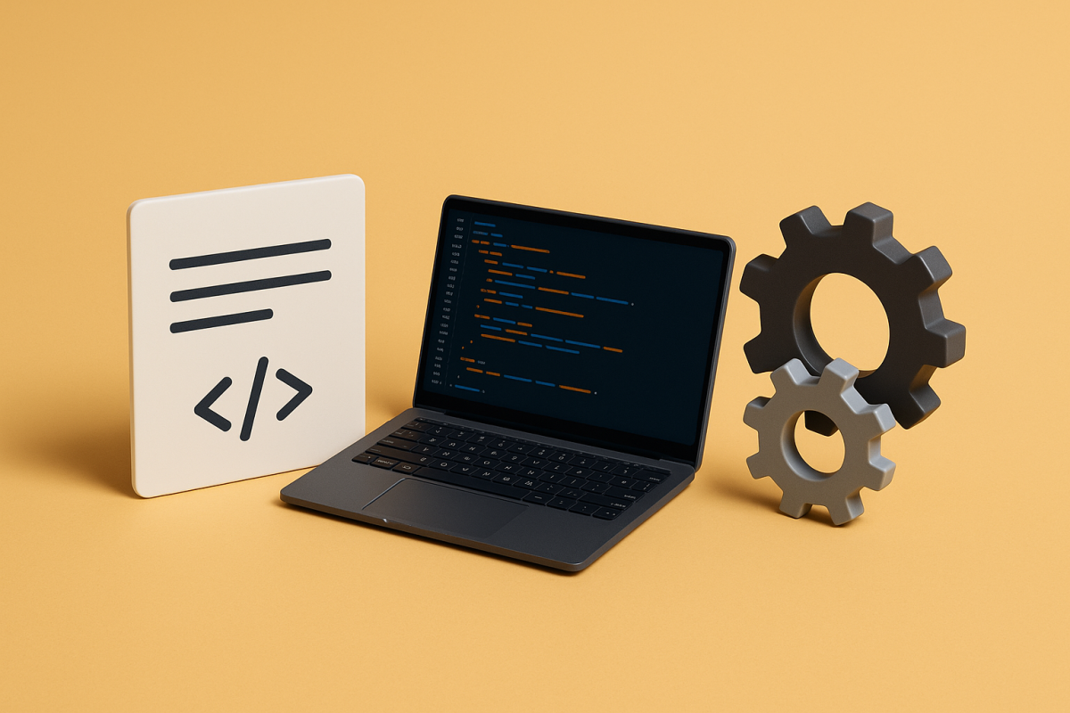 Computador portátil com código e engrenagens ao lado.