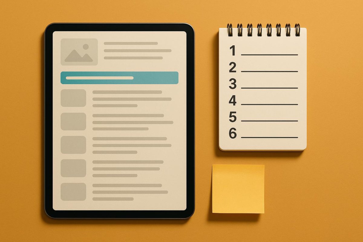 tablet e bloco de notas sobre fundo amarelo