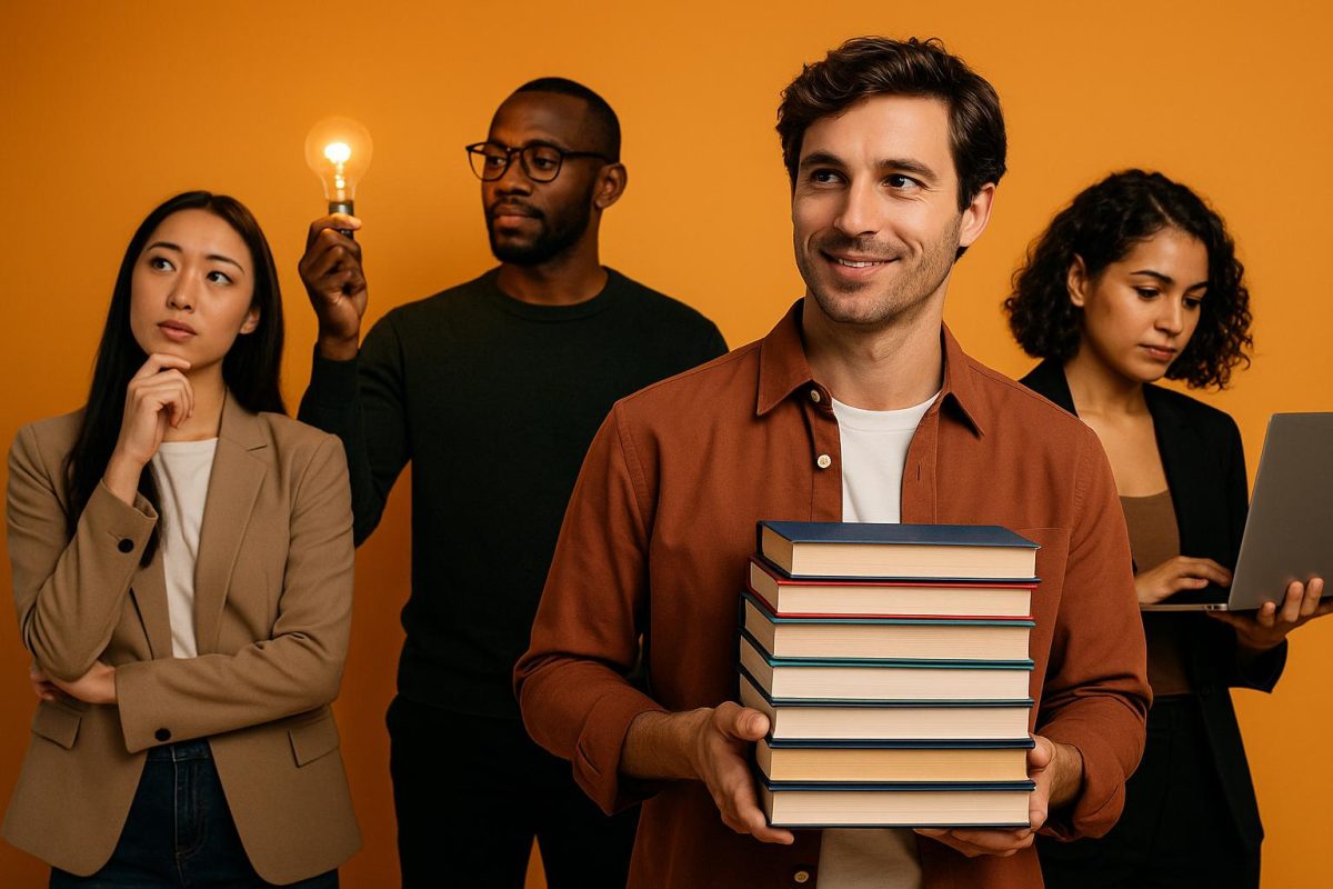 Grupo de pessoas refletindo sobre criatividade com livros e uma lâmpada.