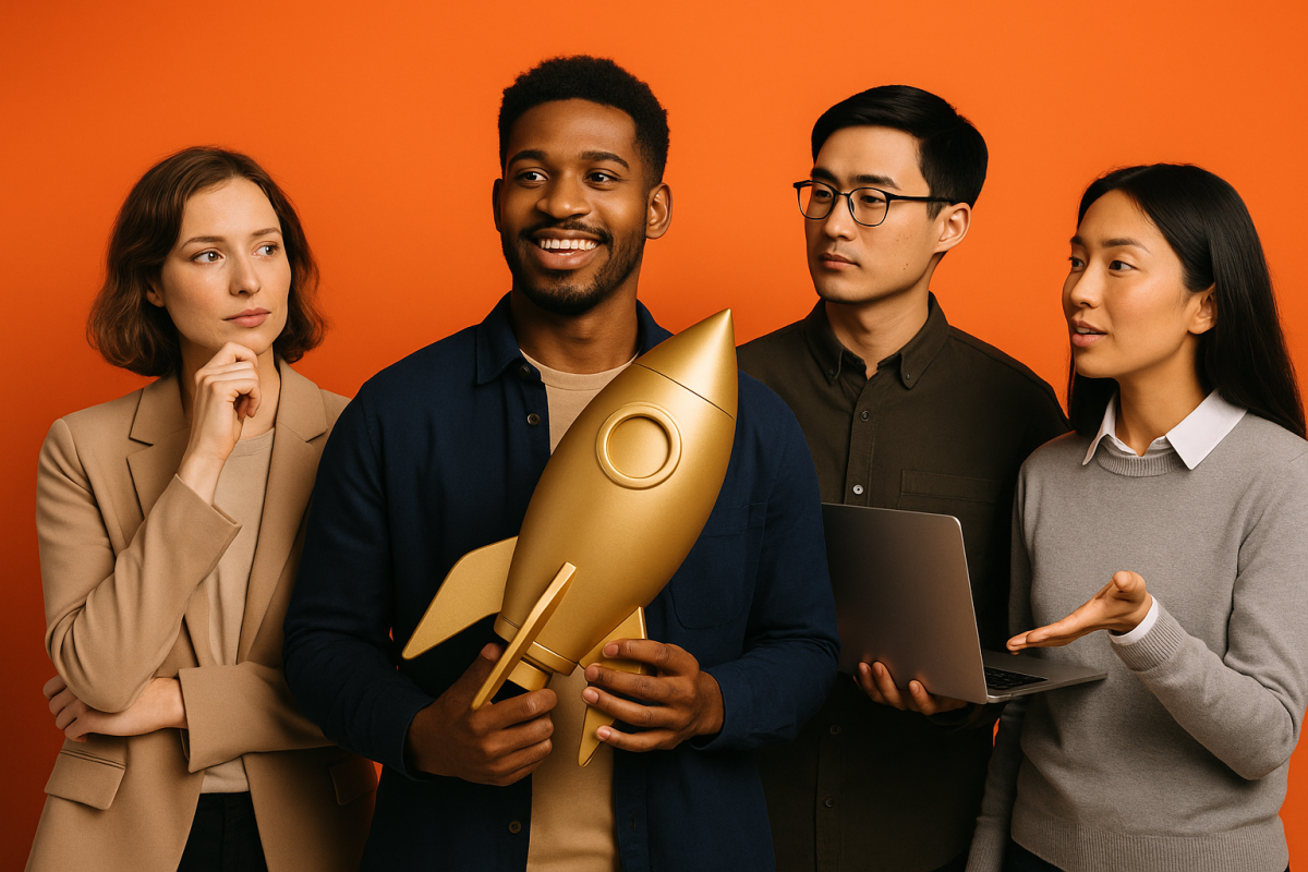 Quatro pessoas discutindo empreendedorismo com um foguete dourado.