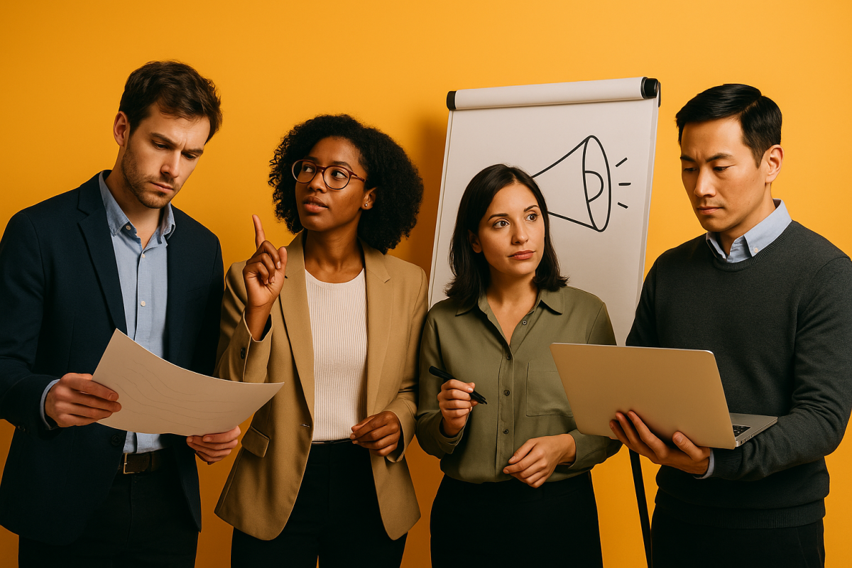 Reunião de equipe com foco em copywriting