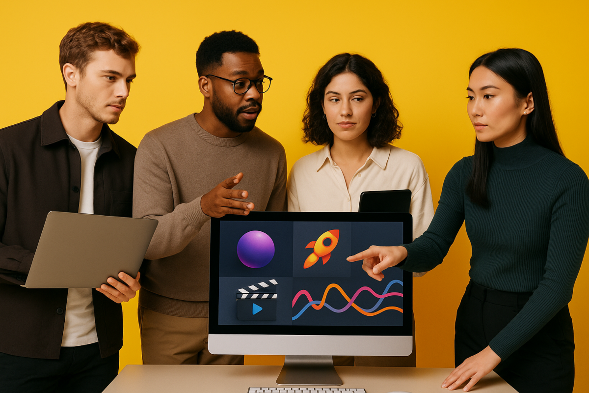 Grupo de pessoas discutindo design em frente a um computador.