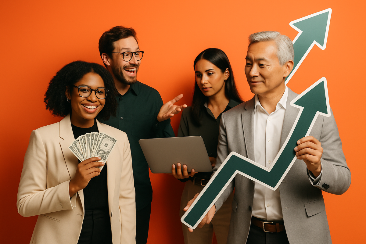 Grupo diversificado de profissionais celebrando sucessos financeiros.