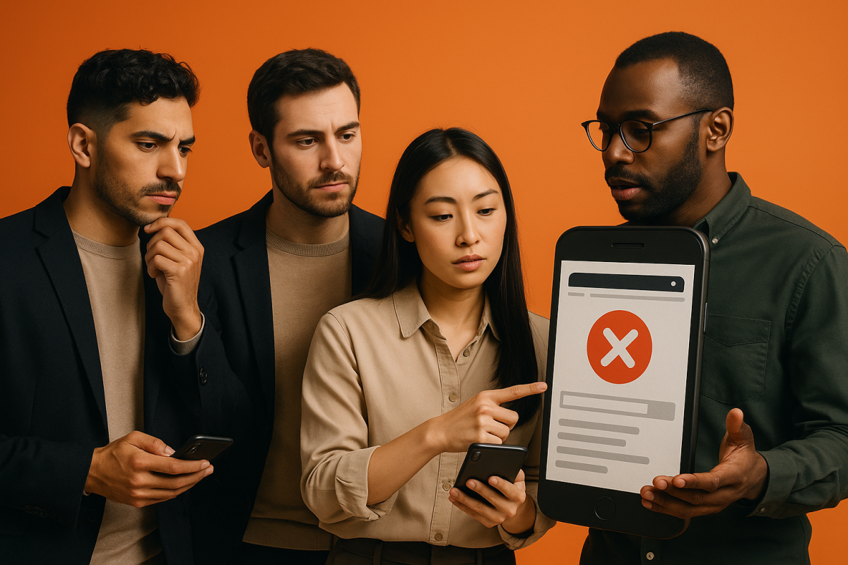 Grupo discutindo erros de SEO mobile em dispositivo.