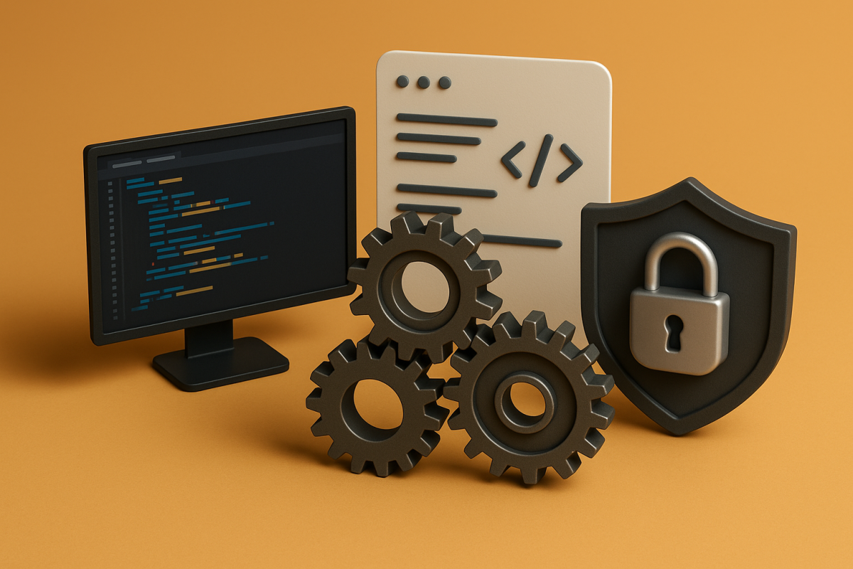 computador, código e engrenagens em fundo laranja