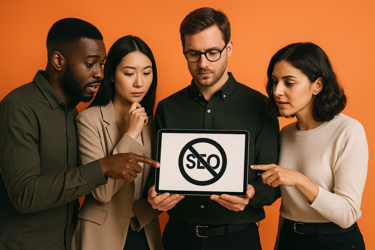 Grupo de pessoas apontando para um tablet com um símbolo de proibição de SEO.
