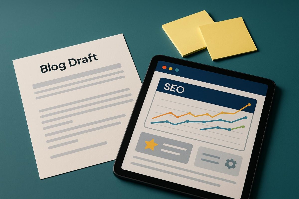Tabela de SEO em um tablet ao lado de um rascunho de blog.