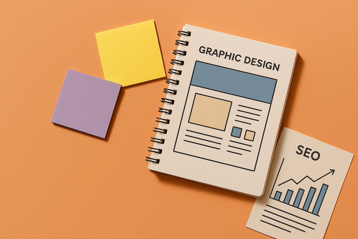 Caderno de design gráfico com blocos de notas coloridos.