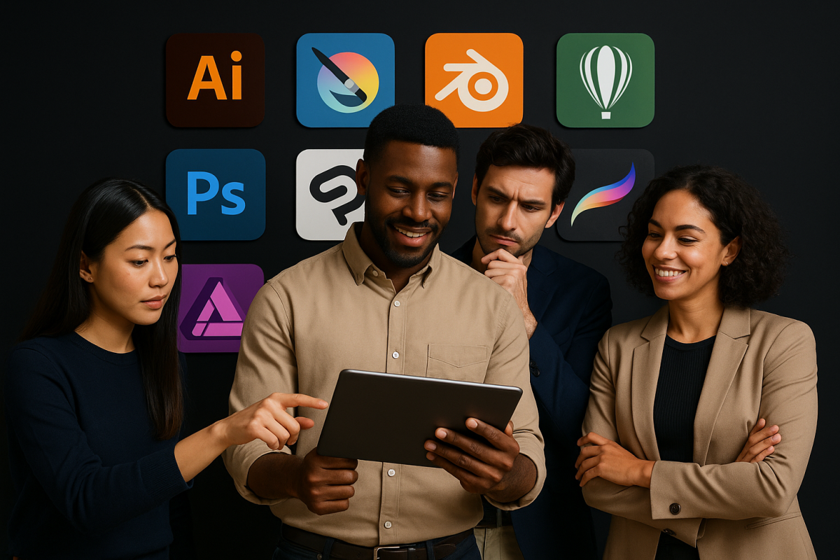 Grupo de profissionais analisando um tablet com apps de design ao fundo.