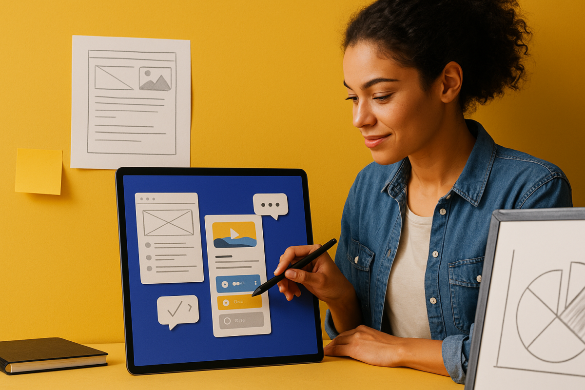 Young woman designing interactive content on a tablet against a yellow background.