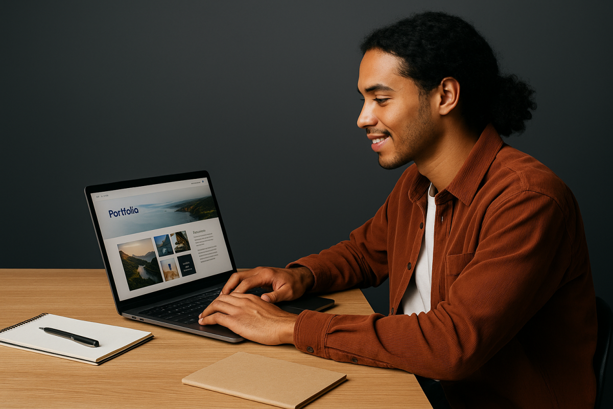 Trabalhando em um portfólio digital com design moderno e organizado