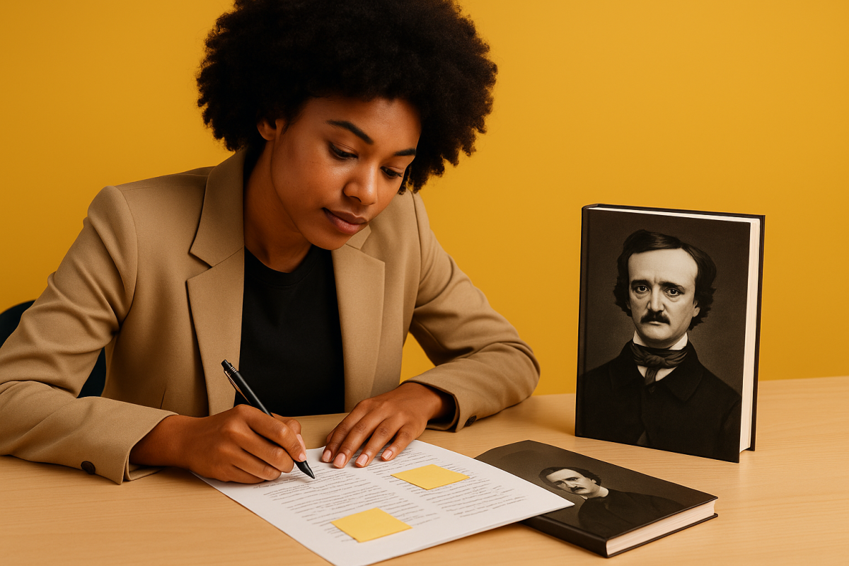Mulher escrevendo com livros sobre Edgar Allan Poe ao fundo.