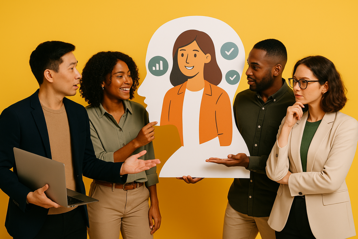 quatro pessoas discutindo com uma ilustração