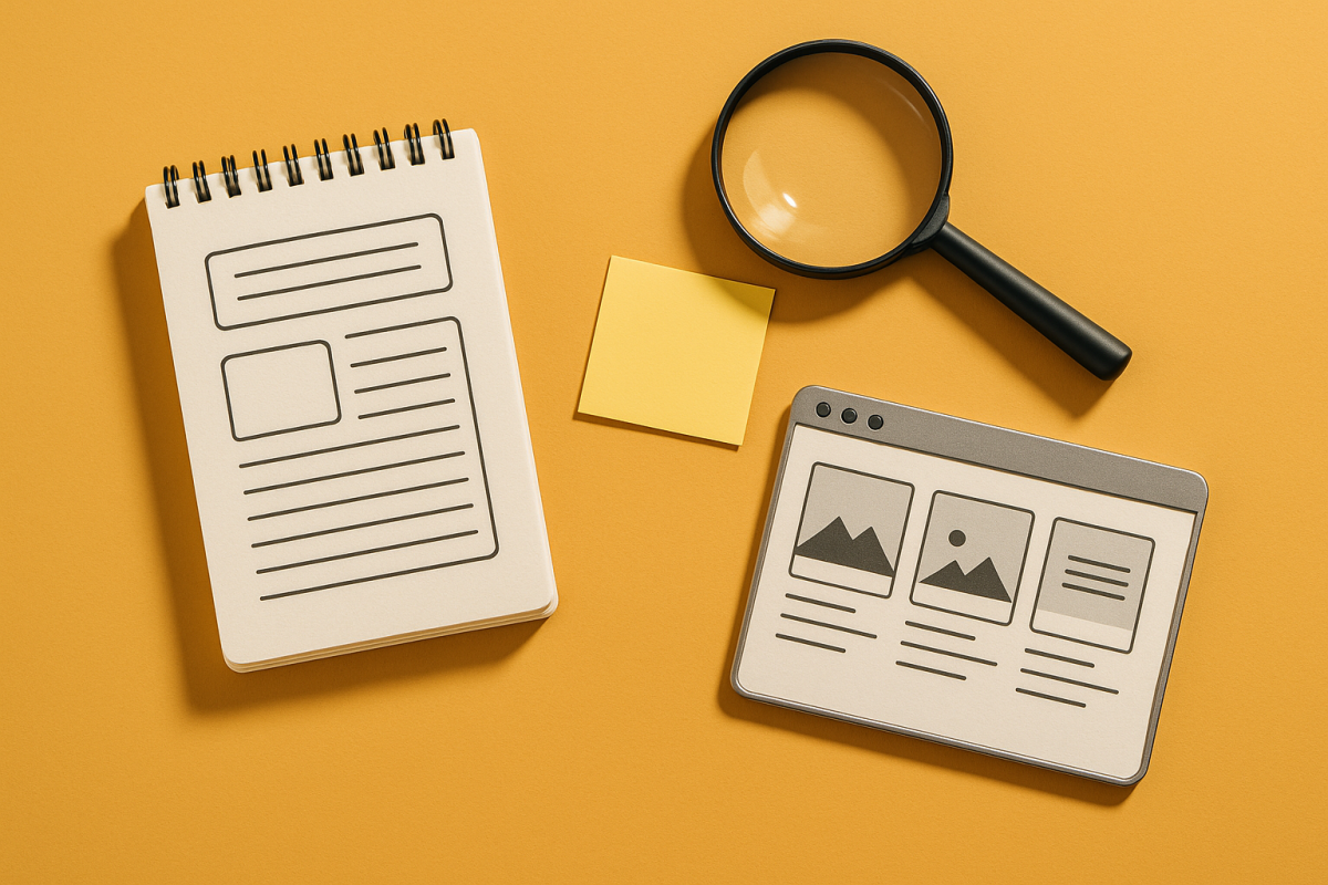 materiais de escrita e magnifying glass sobre fundo amarelo