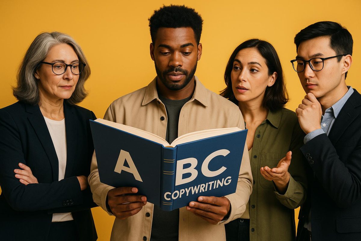 Grupo de pessoas lendo livro sobre copywriting.