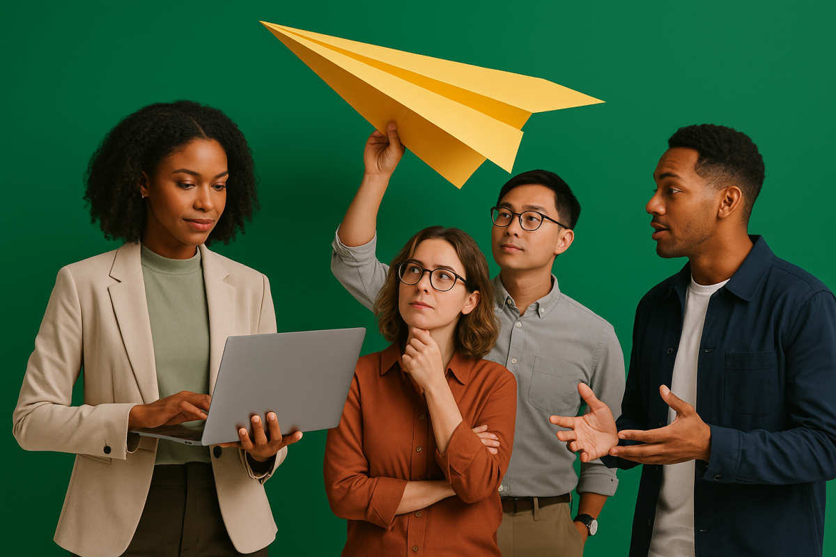 Grupo discutindo ideias com um avião de papel amarelo
