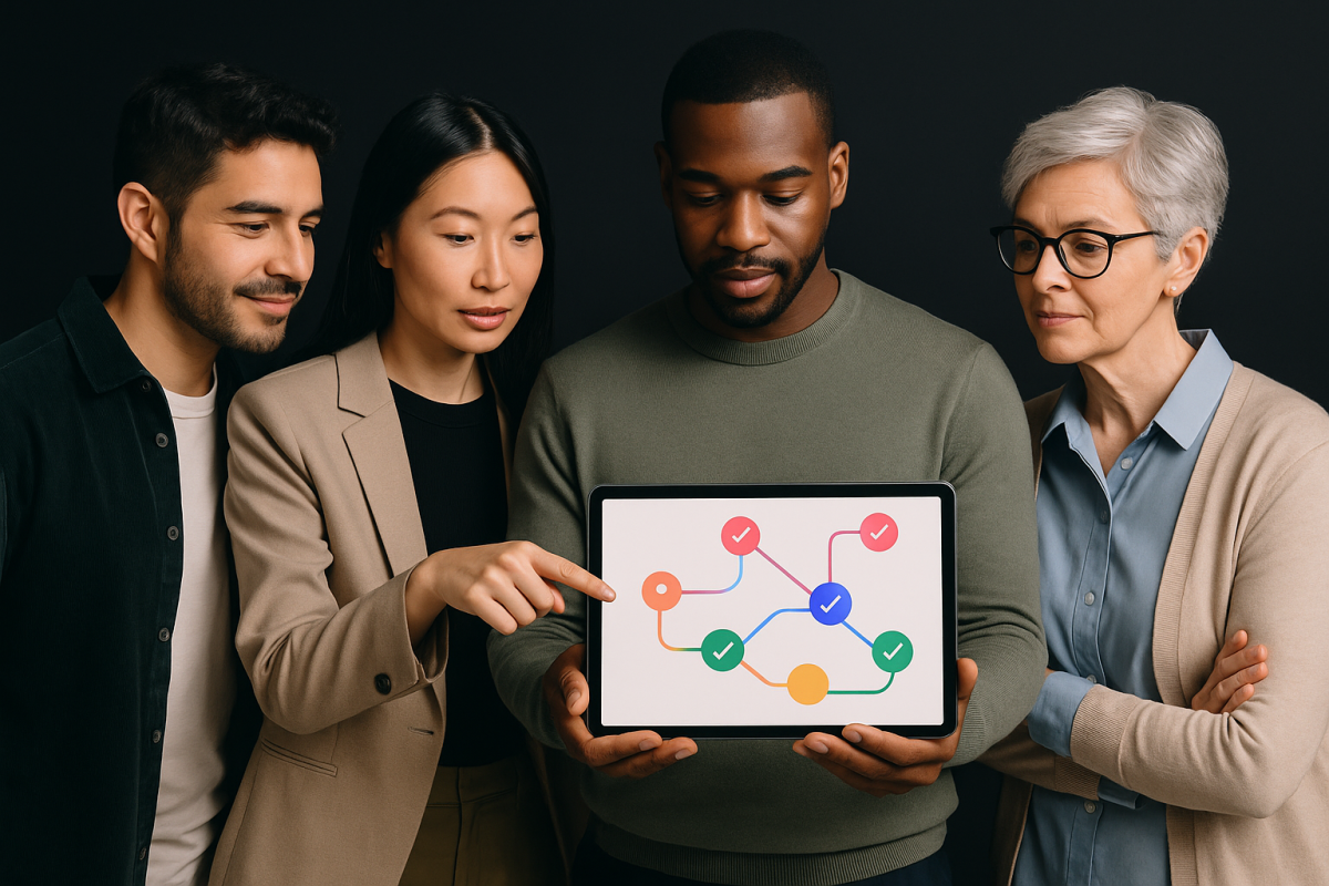 Grupo analisando gráfico em tablet