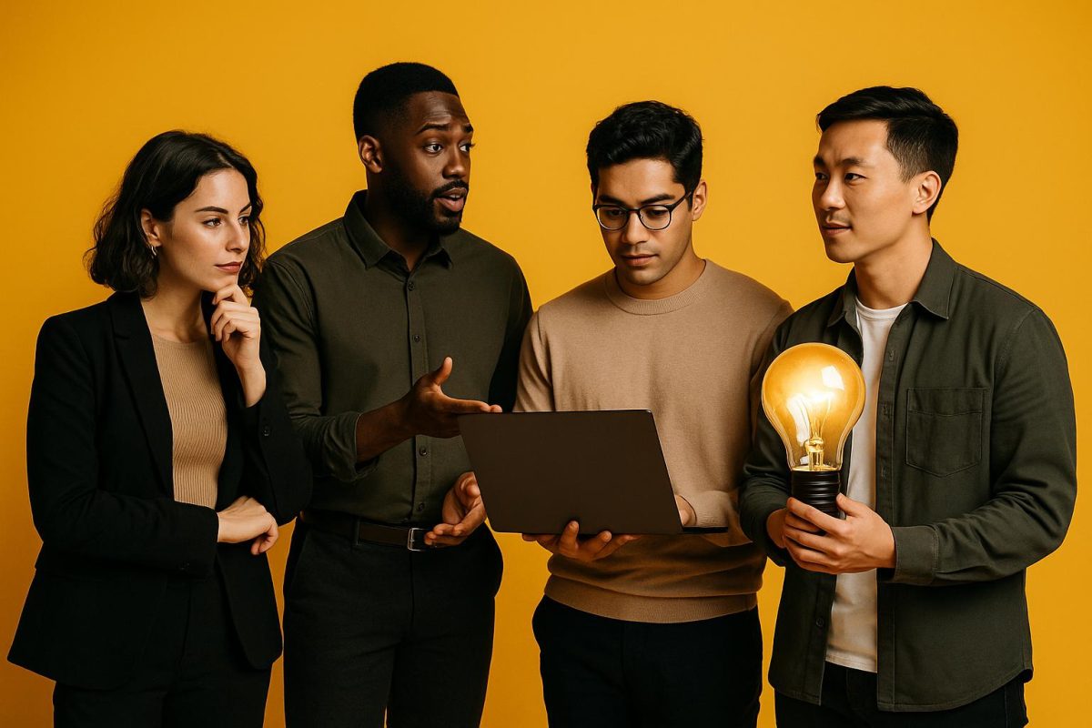 quatro pessoas discutindo sobre um projeto com um laptop e uma lâmpada