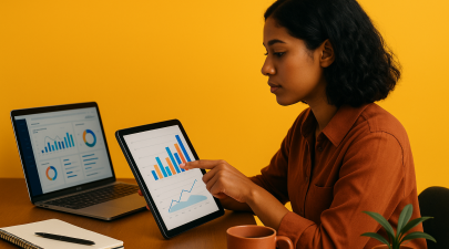 Mulher analisando gráficos em tablet diante de computador.