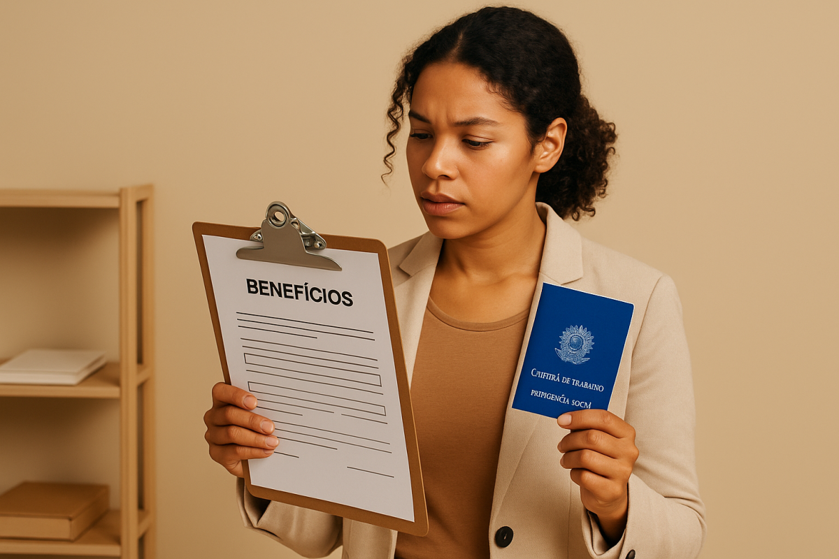 Mulher analisando documentos sobre benefícios do INSS.