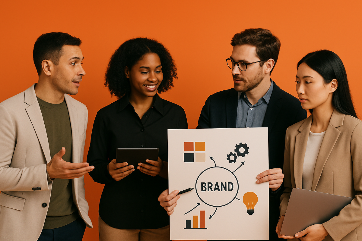 Grupo de pessoas discutindo sobre branding com cartaz.