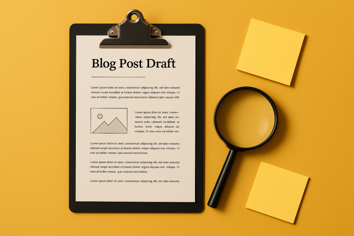 rascunho de post de blog com lupa e blocos amarelos