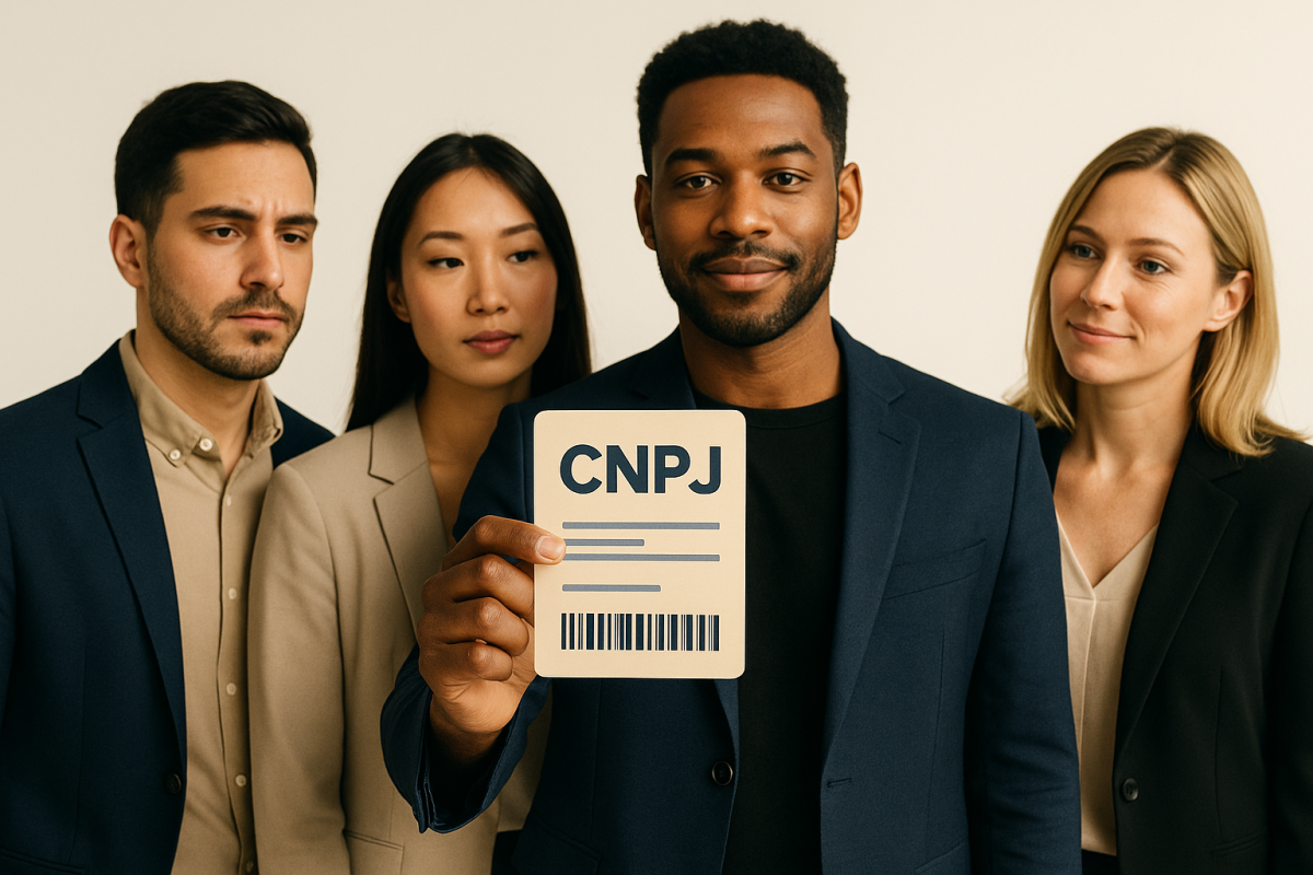 Grupo de pessoas segurando cartão CNPJ