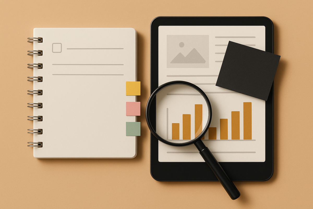 notebook, tablet, and magnifying glass on a brown background