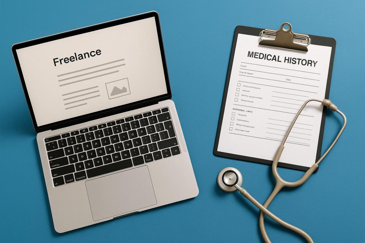 Laptop e prancheta com histórico médico